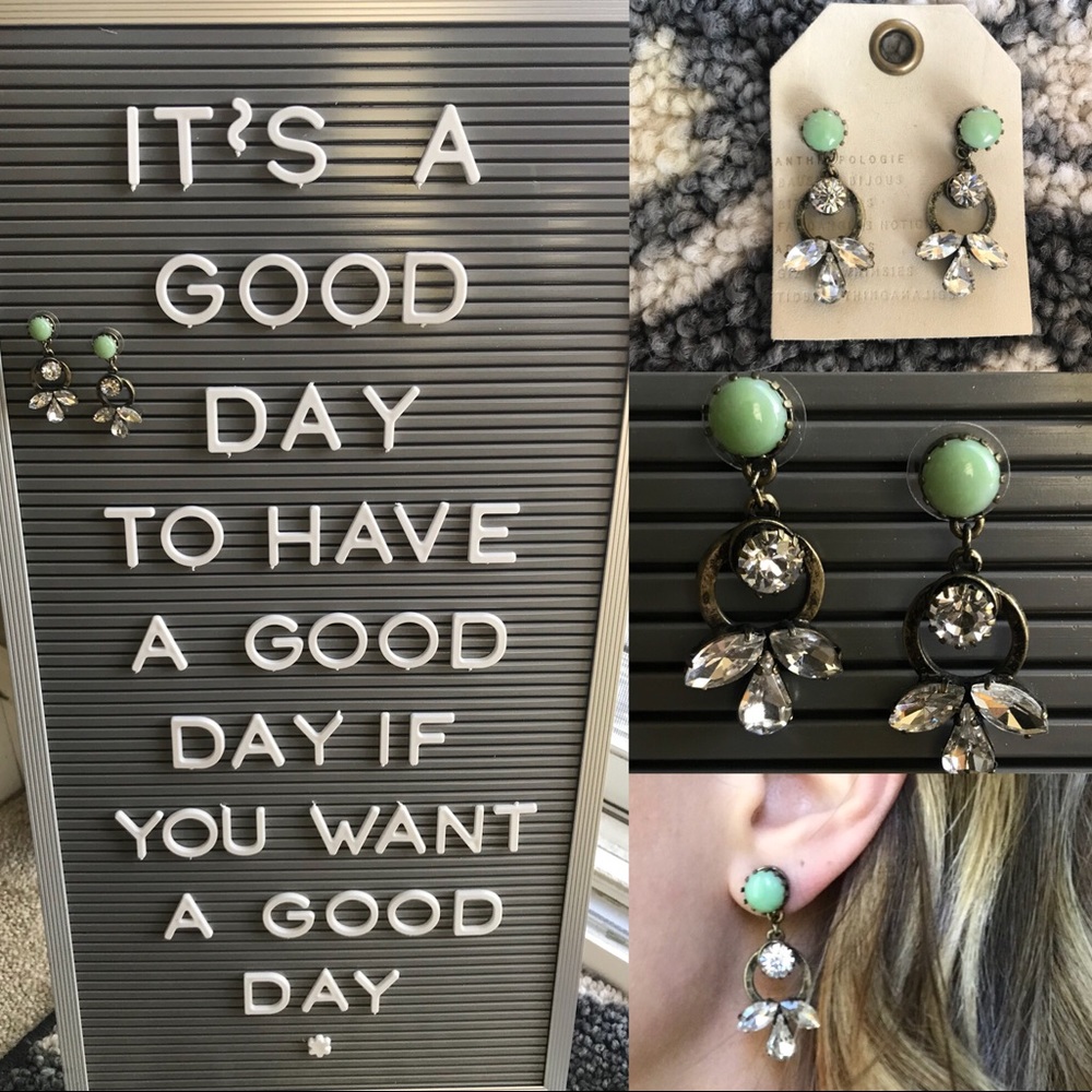 New Anthropologie aged tone pistachio rhinestone earrings mint green statement